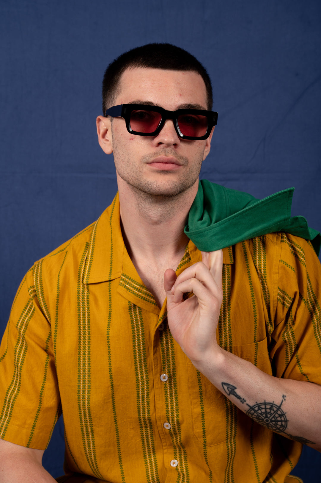 'The Don' Camp Shirt in Mustard with Green Jamdani Embroidery