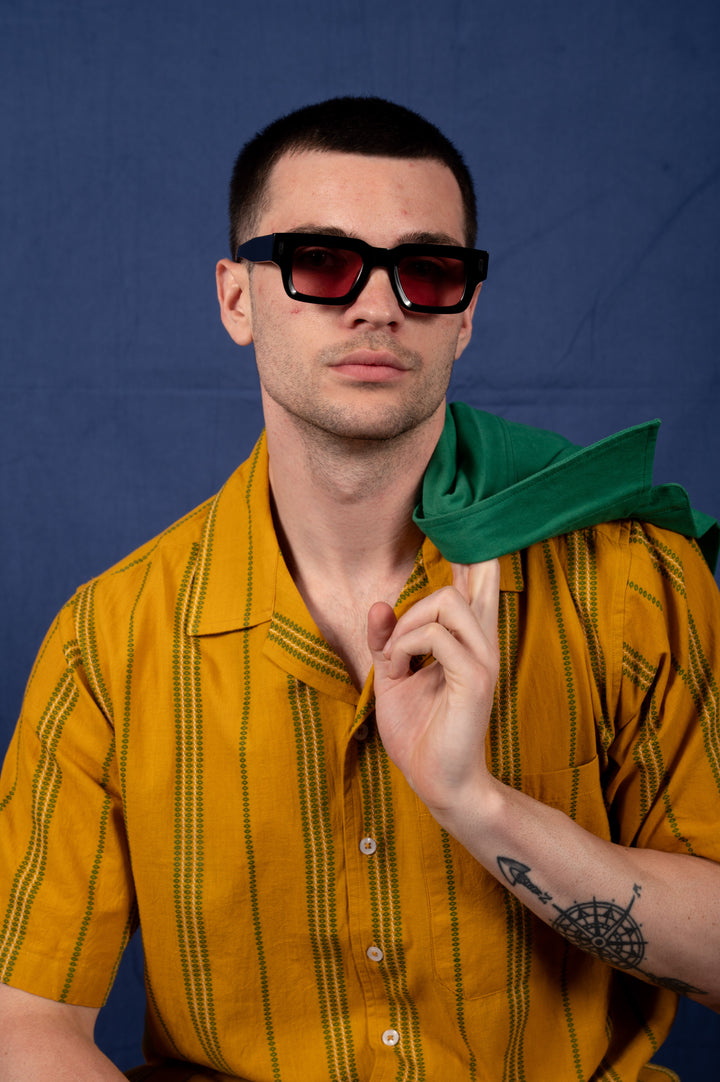 'The Don' Camp Shirt in Mustard with Green Jamdani Embroidery