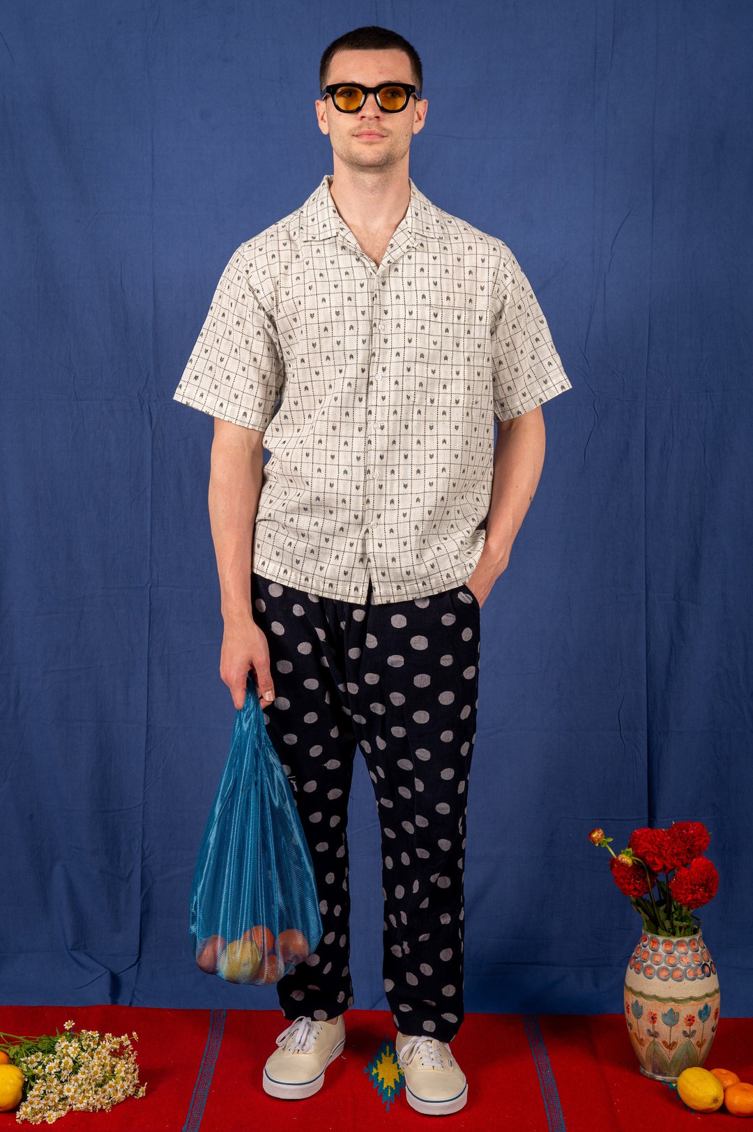 'The Don' Camp Shirt in White with Black Jamdani Embroidery