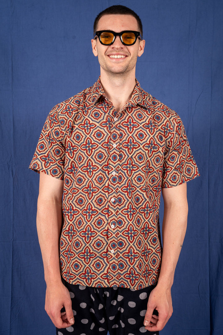 Hand Printed 'The Folk' Short Sleeve Shirt in Ajrakh Diamond Print