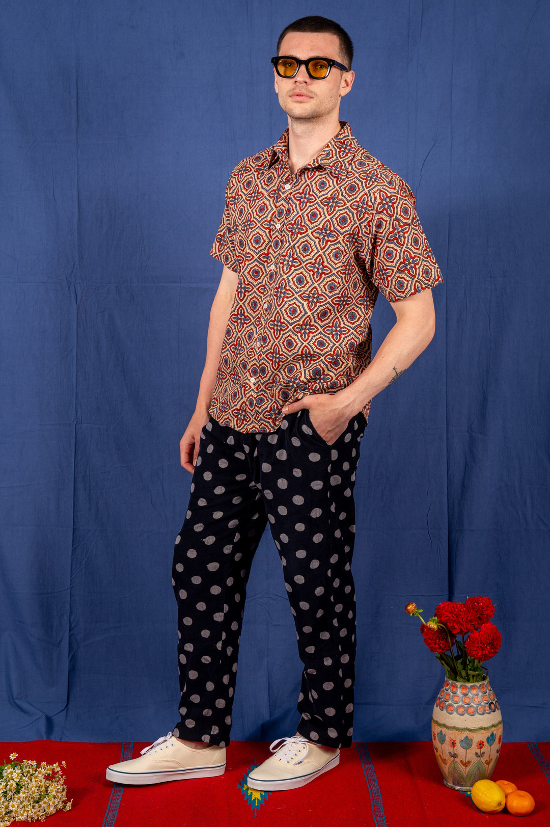 Hand Printed 'The Folk' Short Sleeve Shirt in Ajrakh Diamond Print