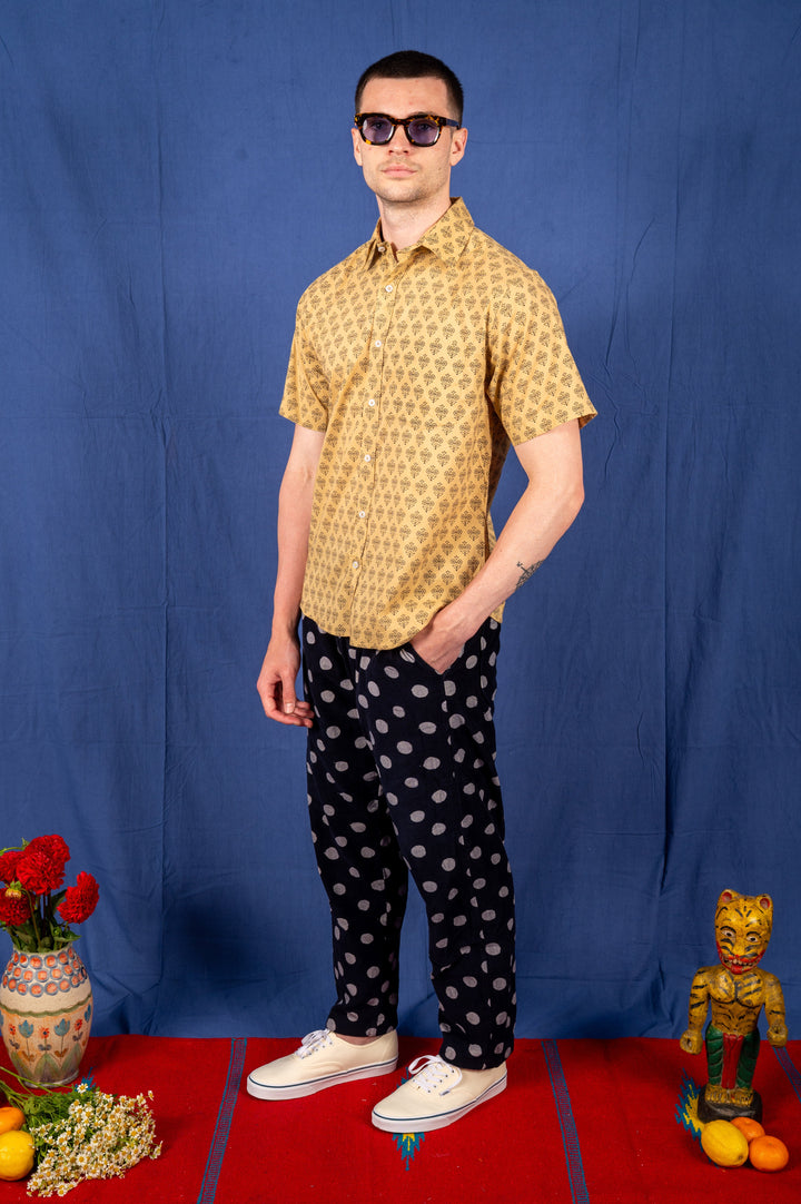 Hand Printed 'The Folk' Short Sleeve Shirt in Khaki Motif