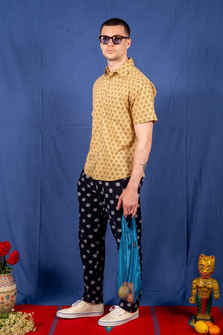 Hand Printed 'The Folk' Short Sleeve Shirt in Khaki Motif