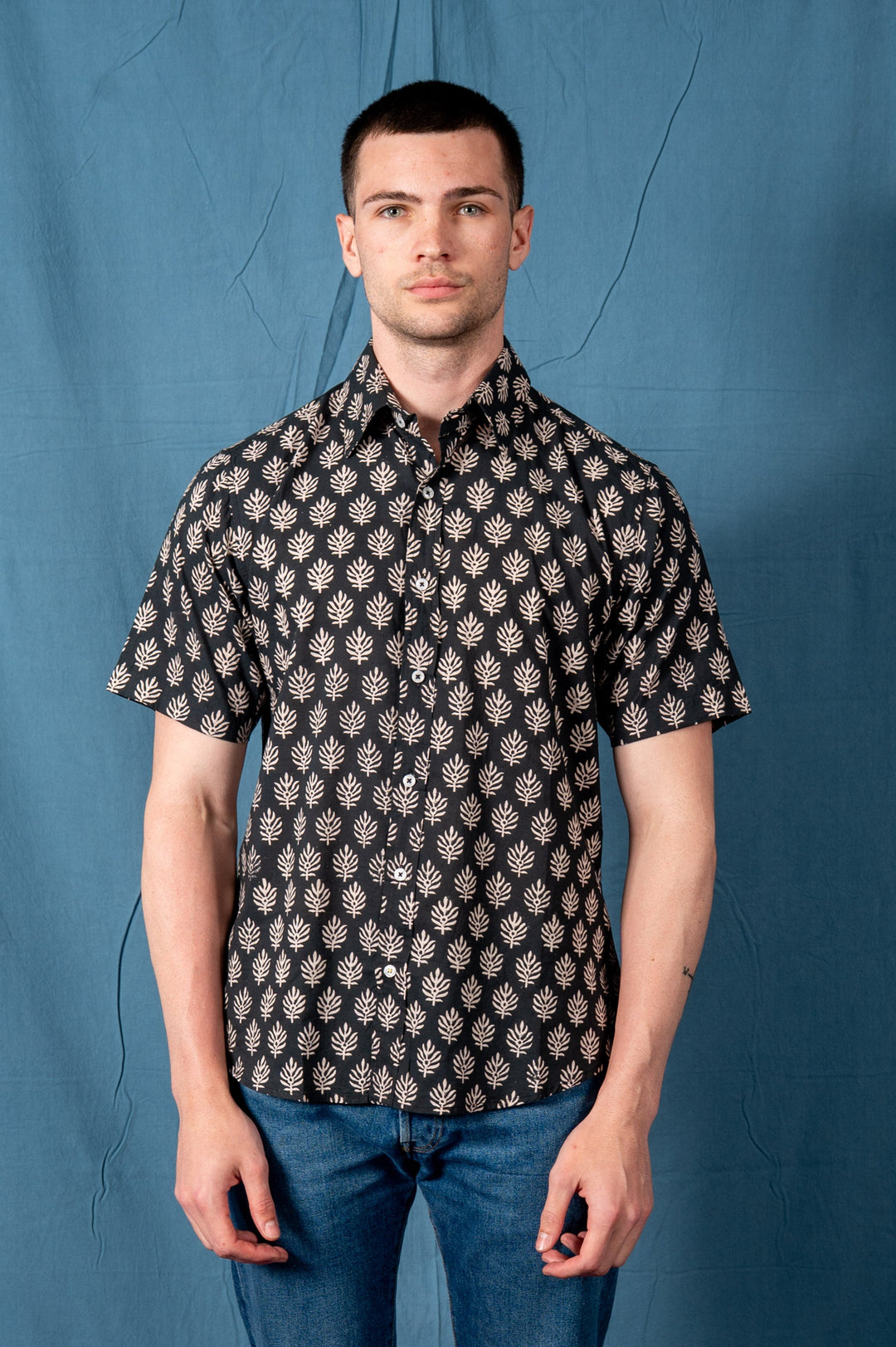 Hand Block Printed 'The Sheril' Short Sleeve Shirt in Black and White Leaf