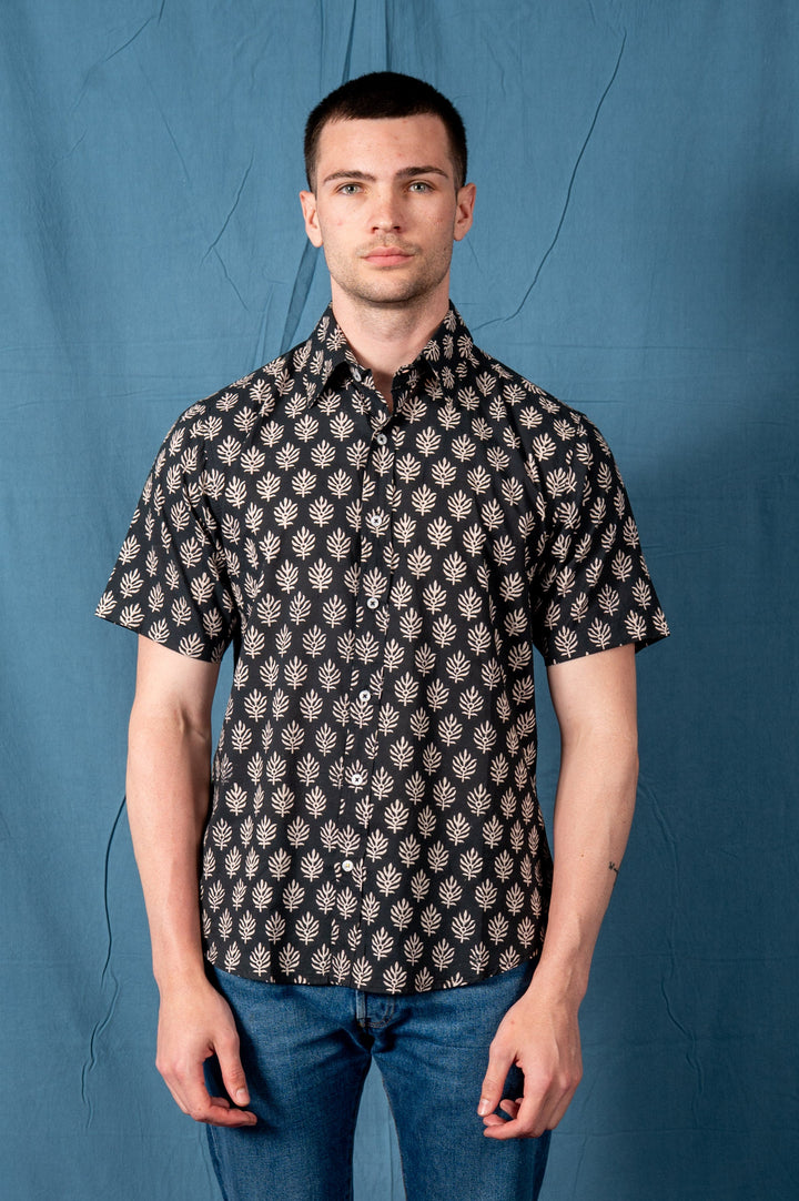 Hand Block Printed 'The Sheril' Short Sleeve Shirt in Black and White Leaf