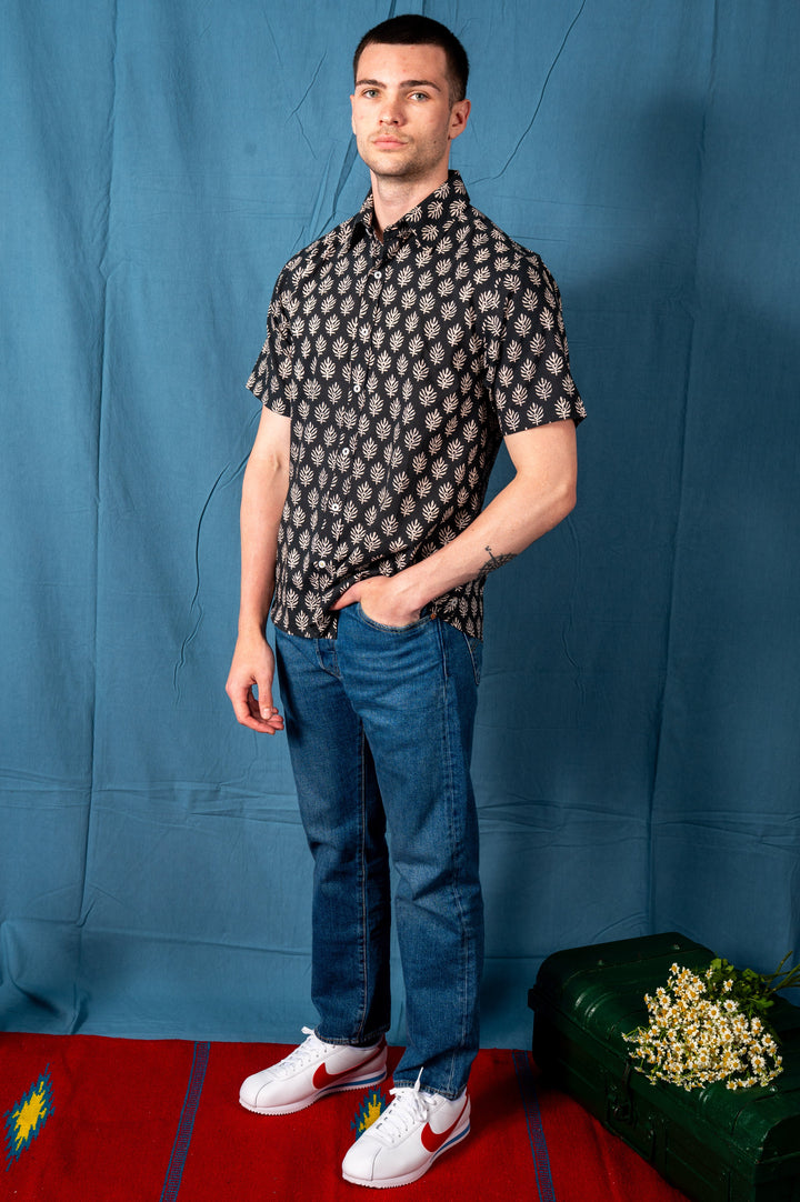 Hand Block Printed 'The Sheril' Short Sleeve Shirt in Black and White Leaf