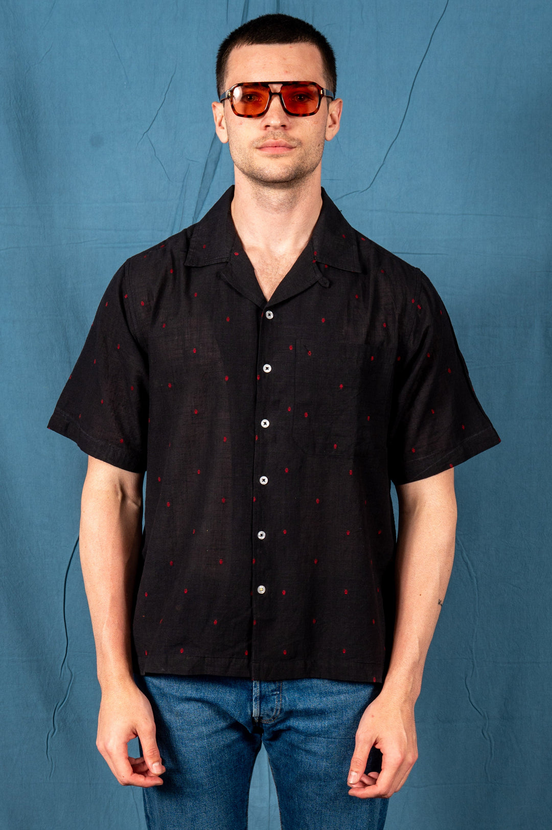 'The Don' Camp Shirt in Black and Red Jamdani Embroidery
