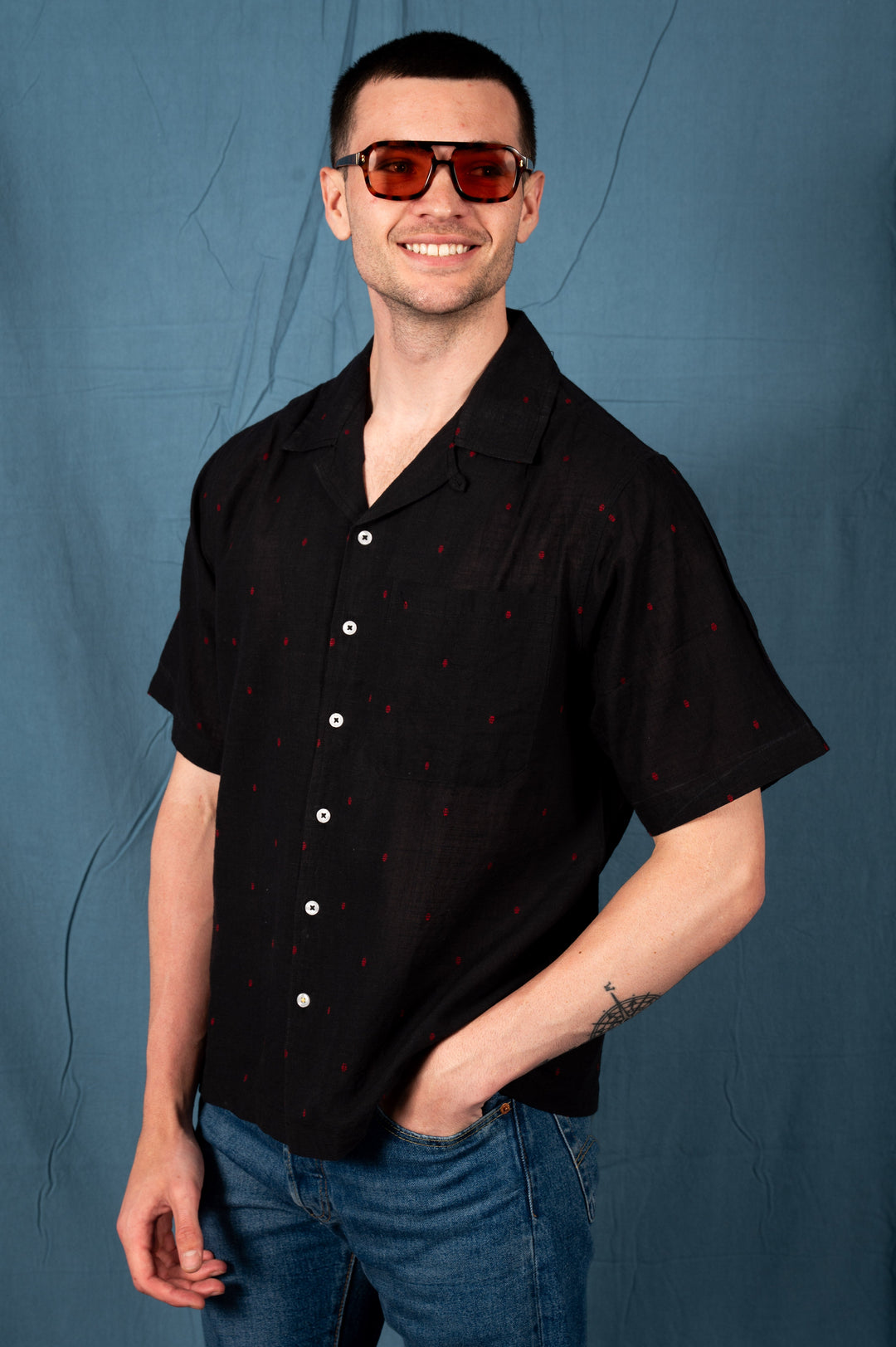 'The Don' Camp Shirt in Black and Red Jamdani Embroidery