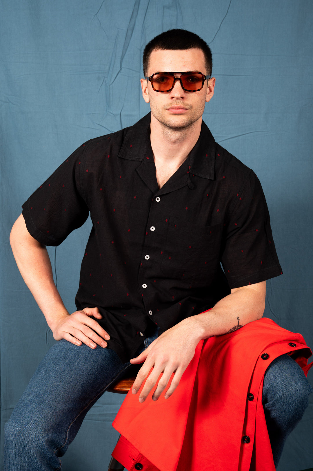 'The Don' Camp Shirt in Black and Red Jamdani Embroidery