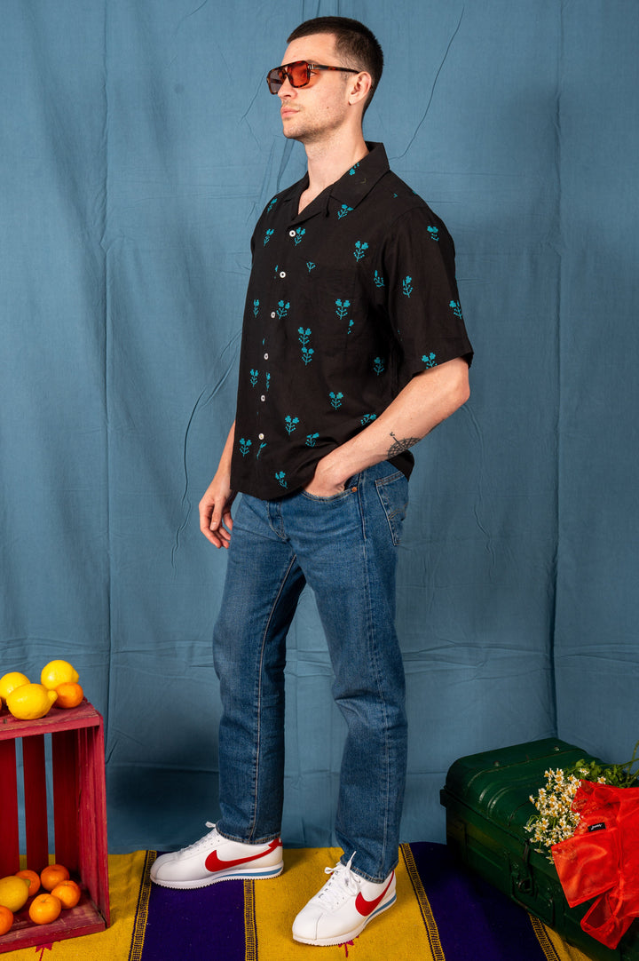 'The Don' Camp Shirt in Black and Turquoise Jamdani Embroidery
