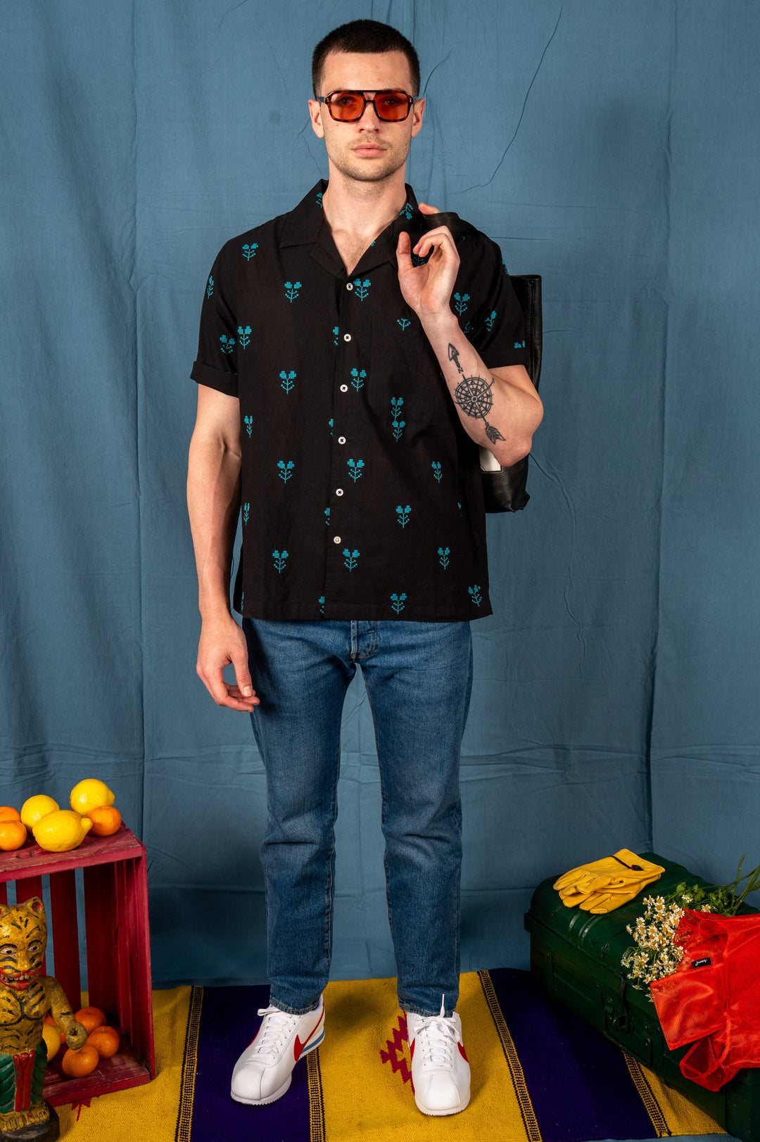 'The Don' Camp Shirt in Black and Turquoise Jamdani Embroidery