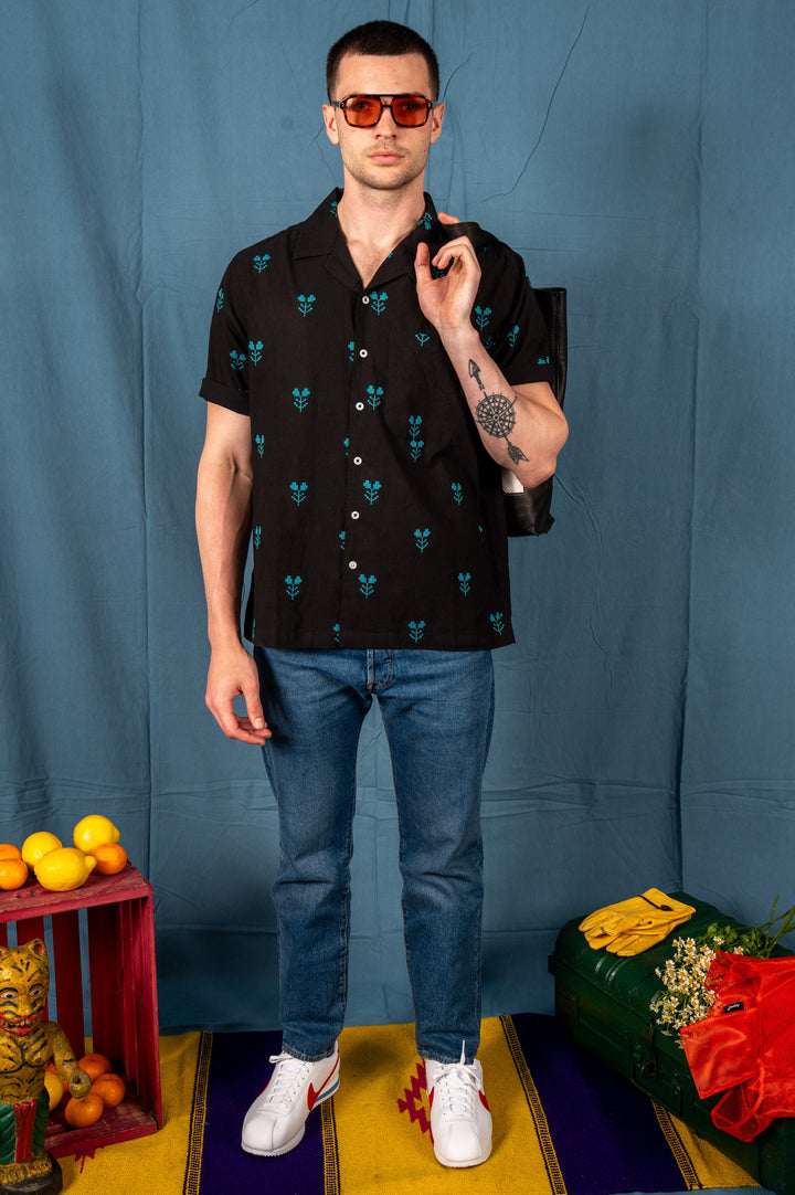 'The Don' Camp Shirt in Black and Turquoise Jamdani Embroidery