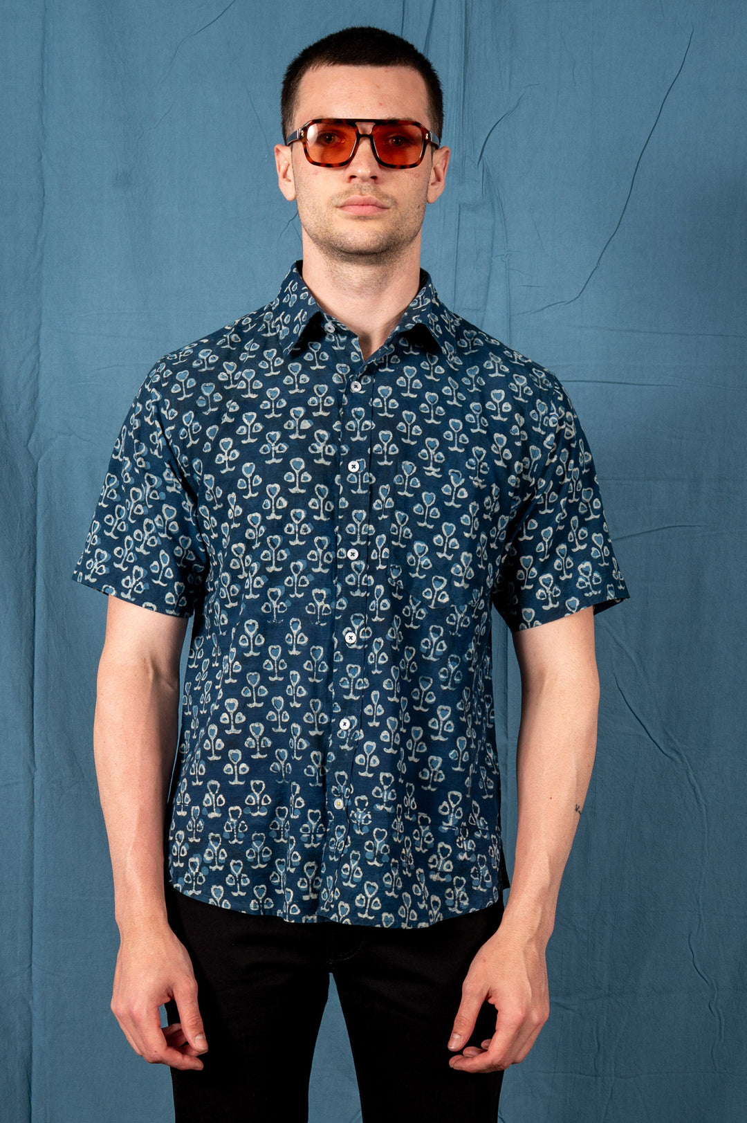 Hand Block Printed 'The Folk' Shirt in Indigo Spades