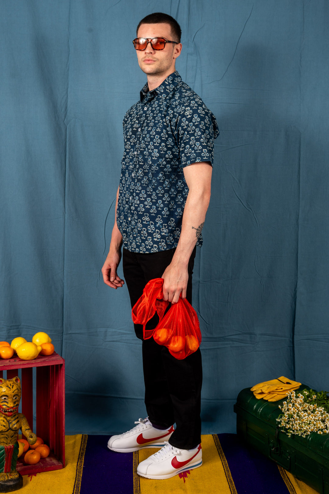 Hand Block Printed 'The Folk' Shirt in Indigo Spades