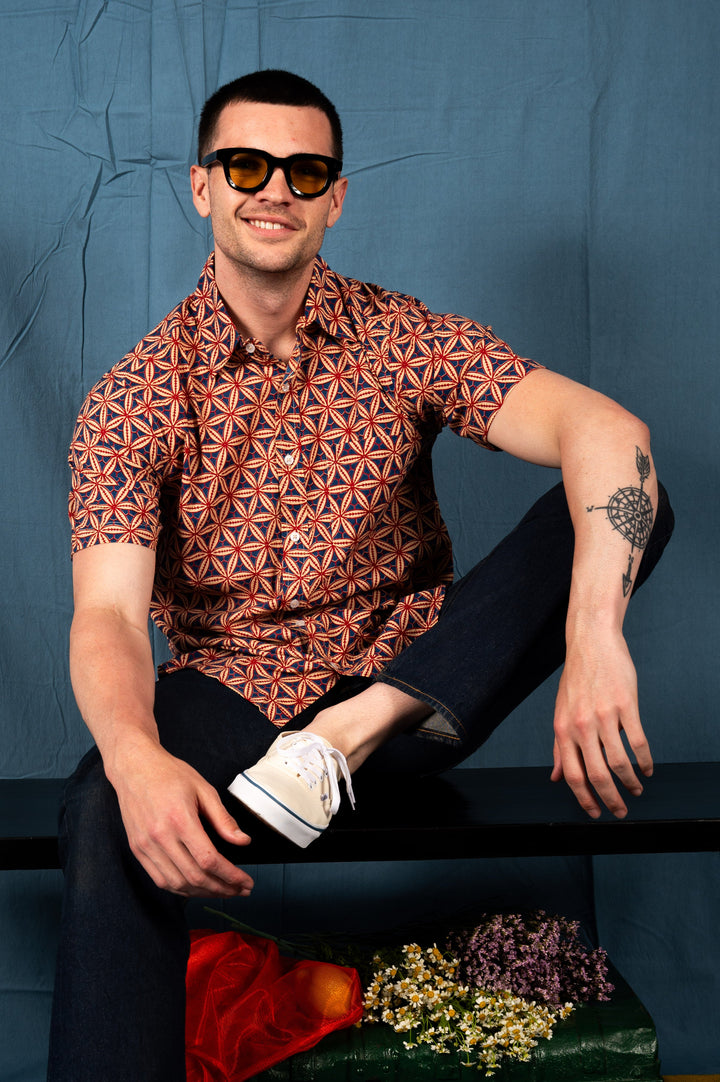 Hand Block Printed 'The Folk' Shirt in Baseball Print