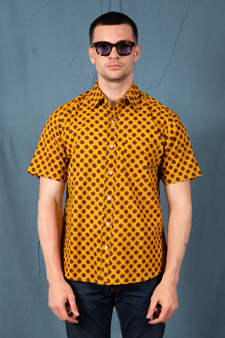 Hand Printed 'The Folk' Short Sleeve Shirt in Mustard and Red