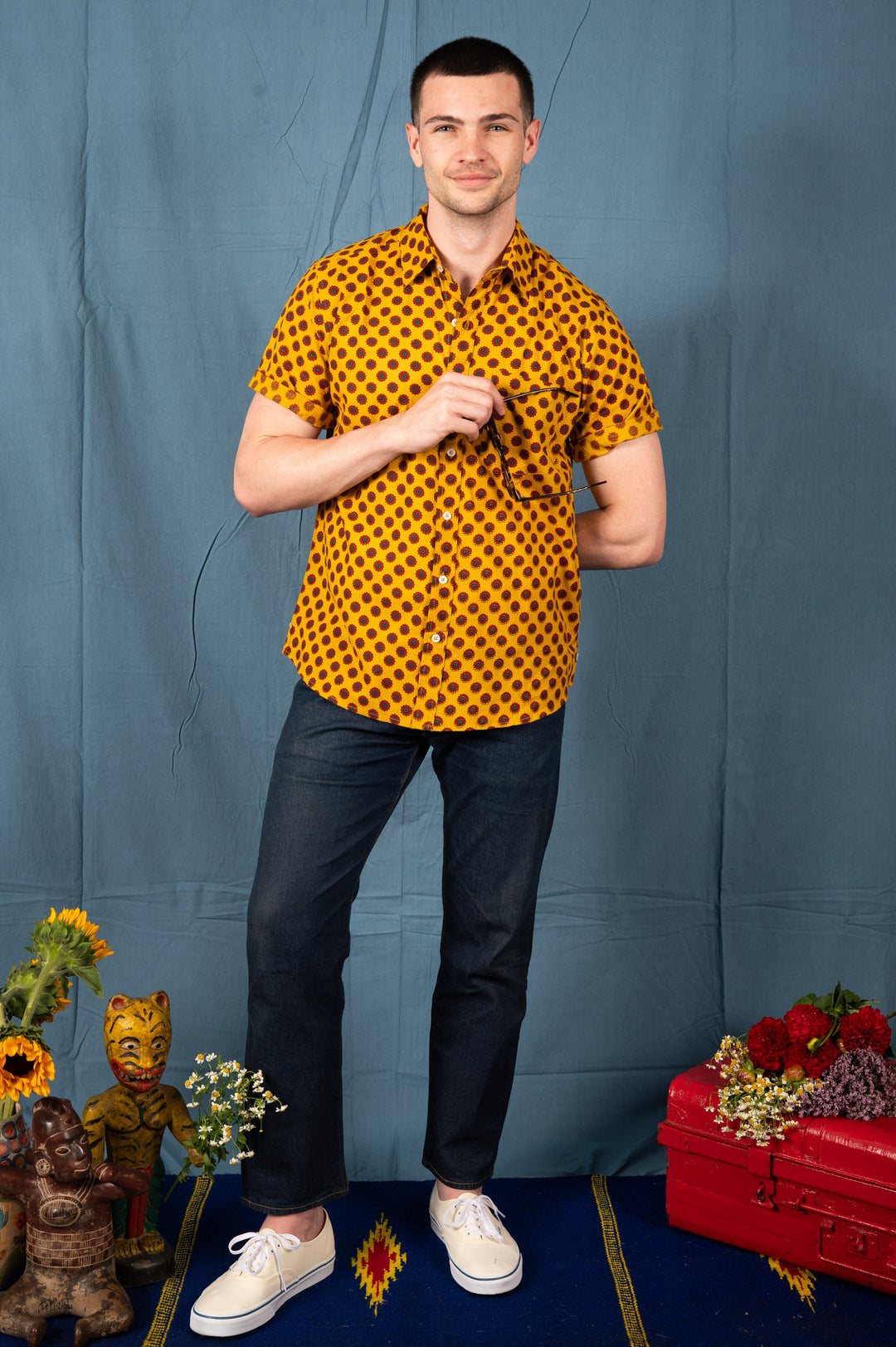 Hand Printed 'The Folk' Short Sleeve Shirt in Mustard and Red
