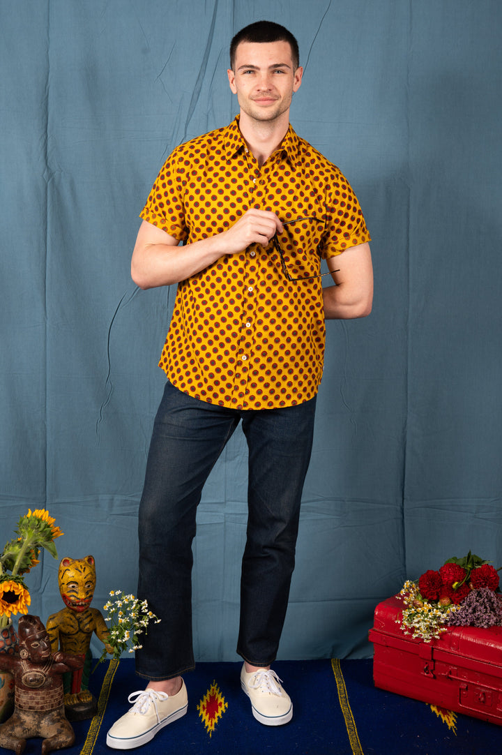 Hand Printed 'The Folk' Short Sleeve Shirt in Mustard and Red
