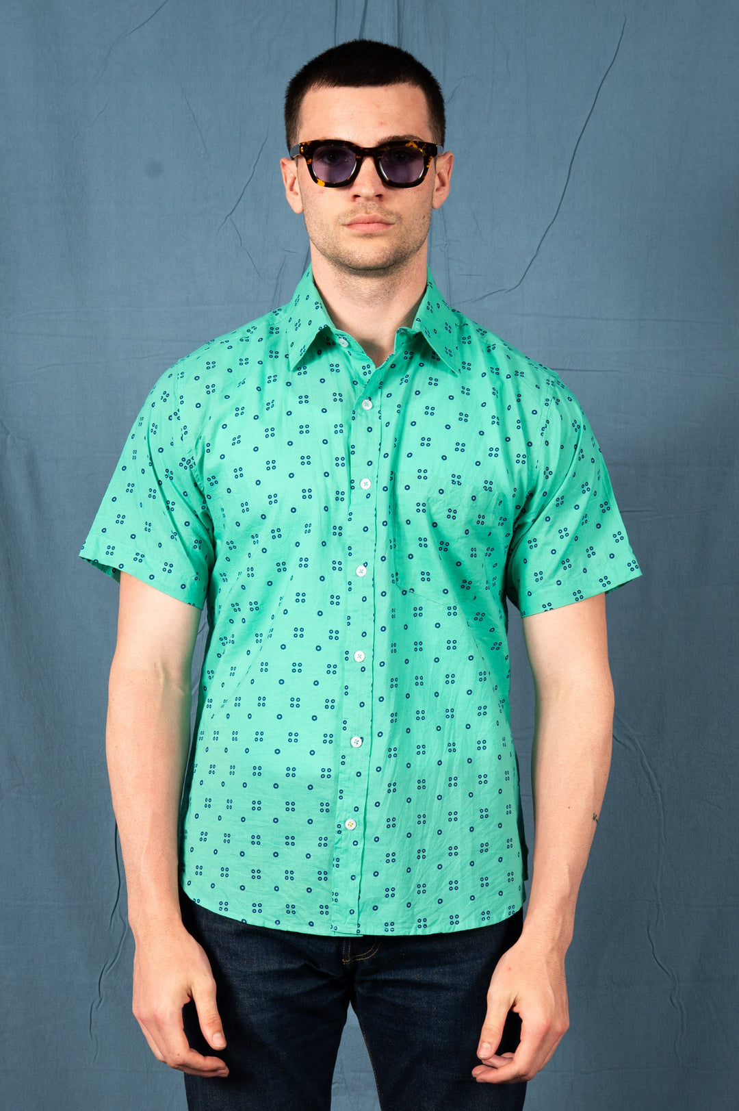 Hand Printed 'The Folk' Short Sleeve Shirt in Navy and Mint Dots