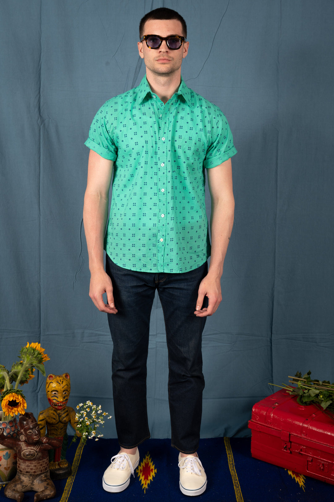 Hand Printed 'The Folk' Short Sleeve Shirt in Navy and Mint Dots