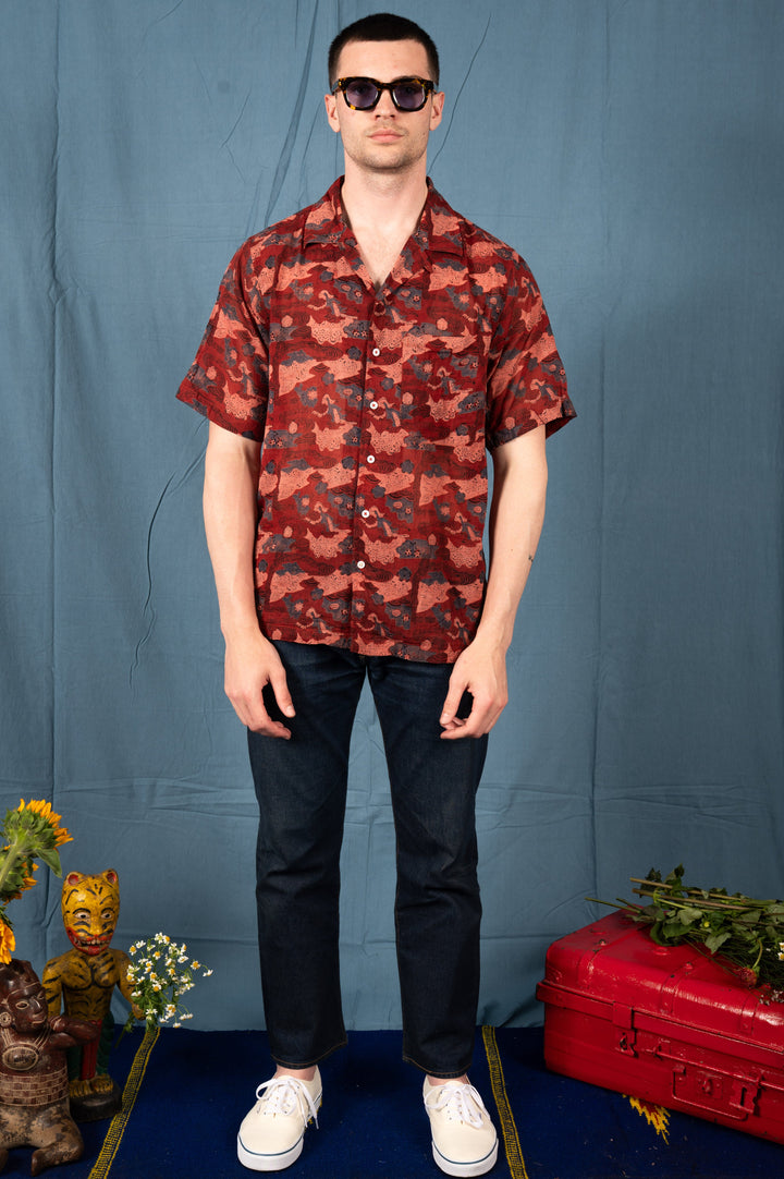 Hand Block Printed 'The Don' Camp Collar Shirt in Maroon Abstract Print