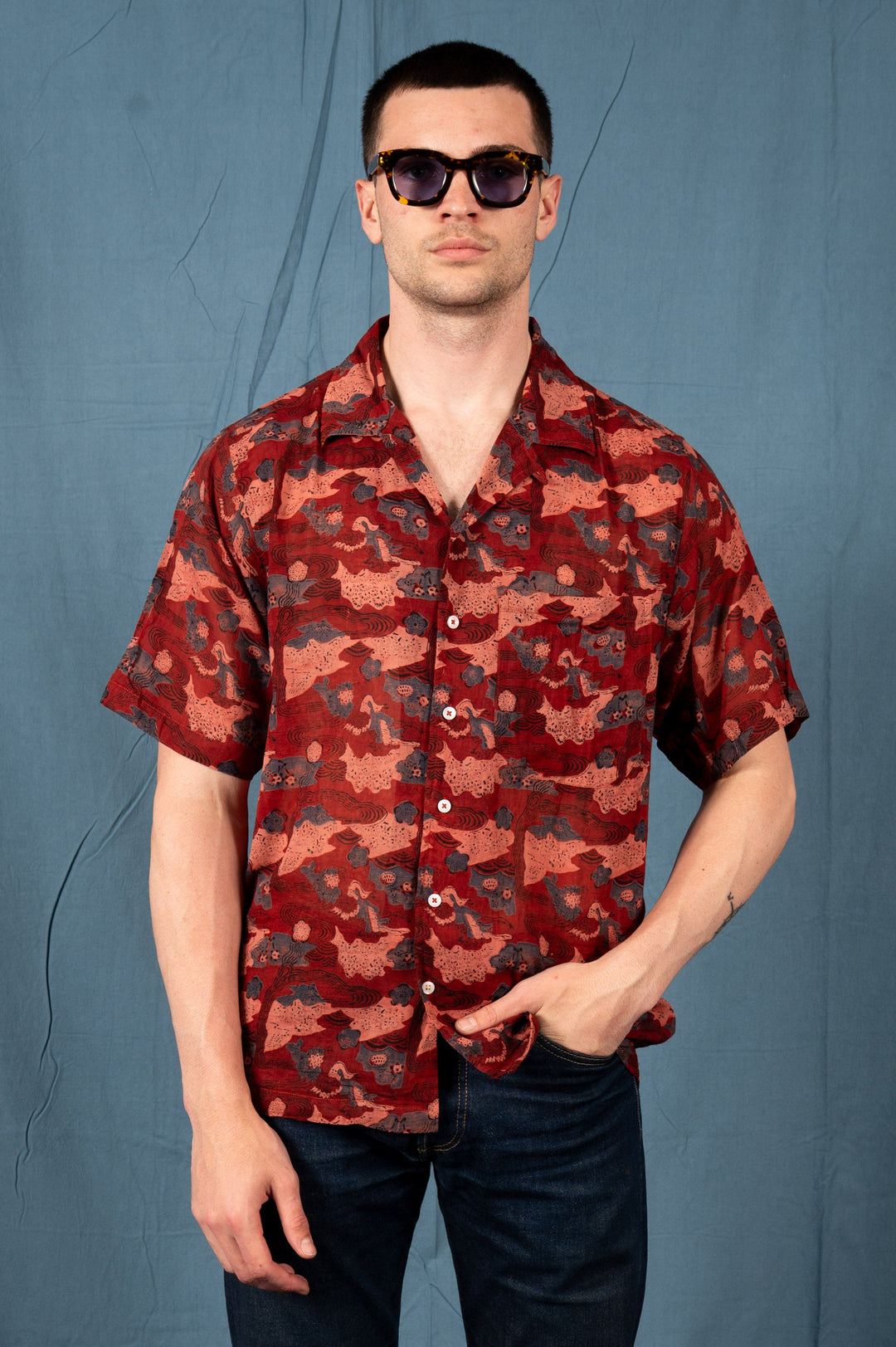 Hand Block Printed 'The Don' Camp Collar Shirt in Maroon Abstract Print