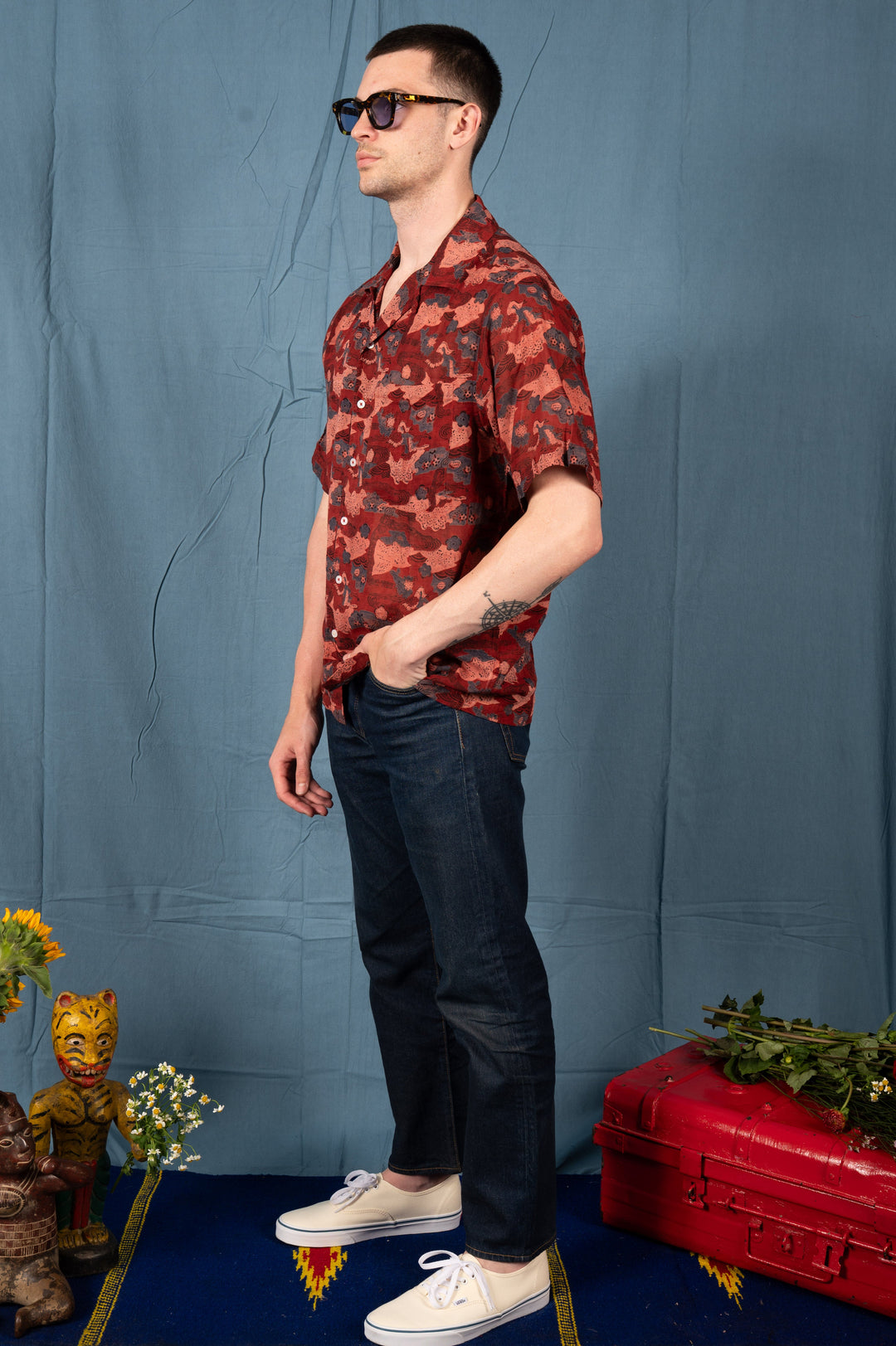 Hand Block Printed 'The Don' Camp Collar Shirt in Maroon Abstract Print