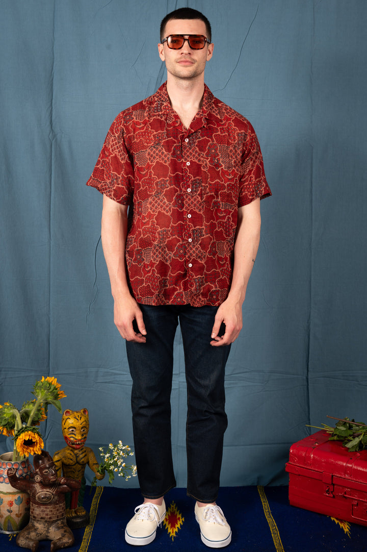 Hand Block Printed 'The Don' Camp Collar Shirt in Red Abstract Print
