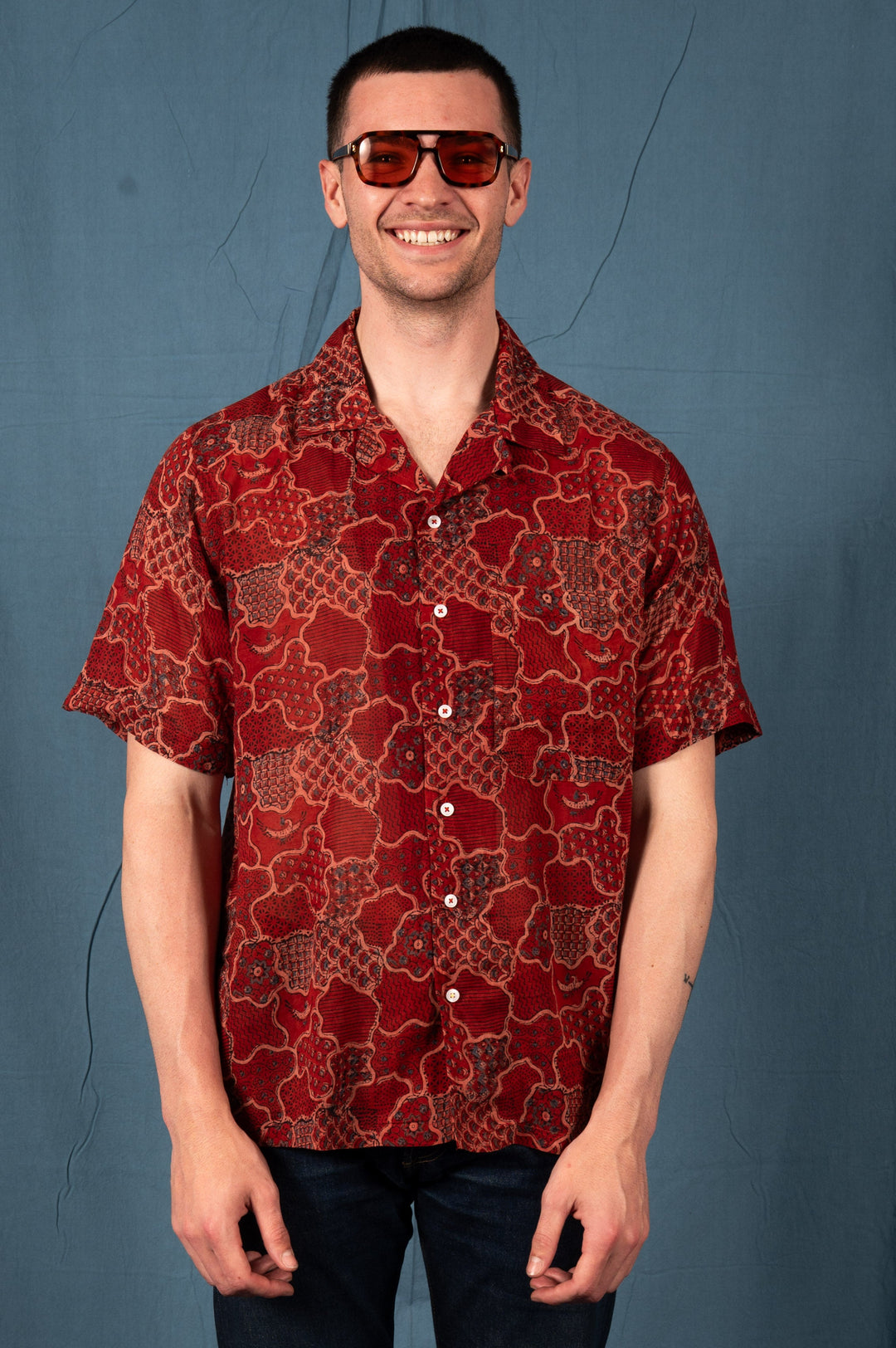Hand Block Printed 'The Don' Camp Collar Shirt in Red Abstract Print