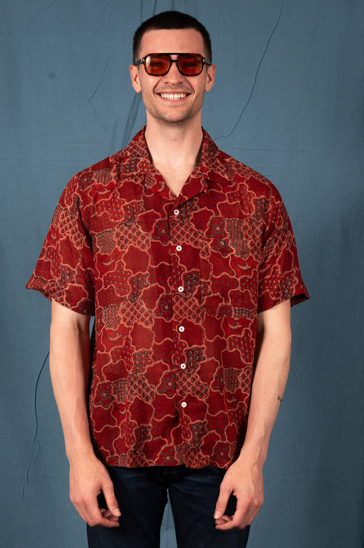 Hand Block Printed 'The Don' Camp Collar Shirt in Red Abstract Print