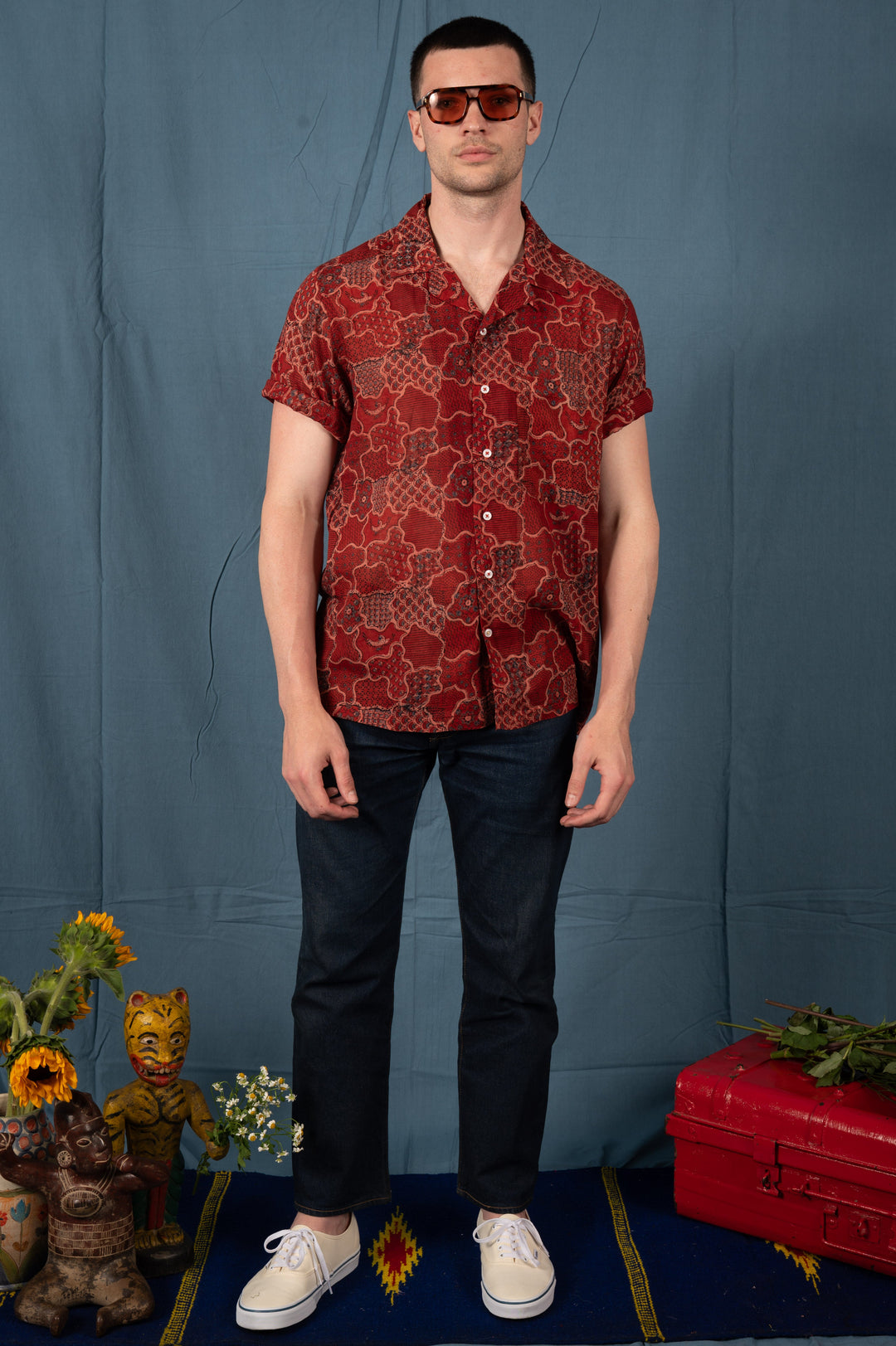 Hand Block Printed 'The Don' Camp Collar Shirt in Red Abstract Print