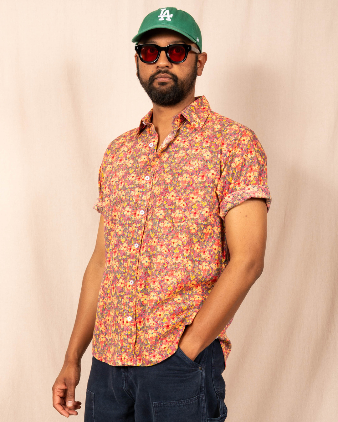 Hand Printed 'The Folk' Short Sleeve Shirt in Pastel Floral