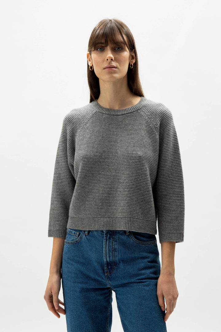 Cashmere Mix Cropped 3/4 Sleeve Pullover: L / Steel Grey