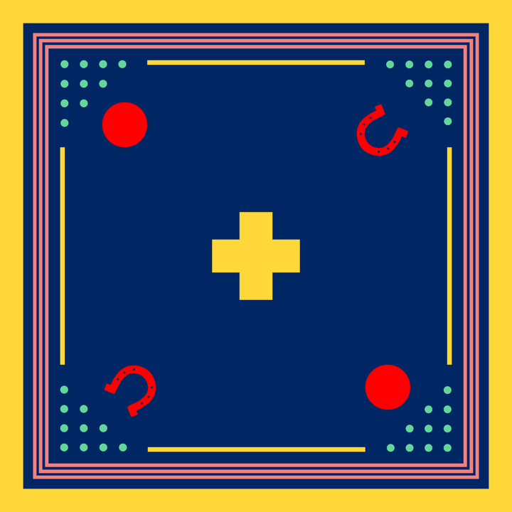 Archie Bandana No. 30 - Horseshoe, Dots and Plus Sign on Dark Blue