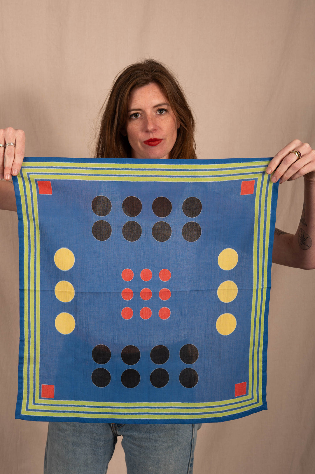 Archie Bandana No. 13 - Blue with Black, Red and Peach Art Print