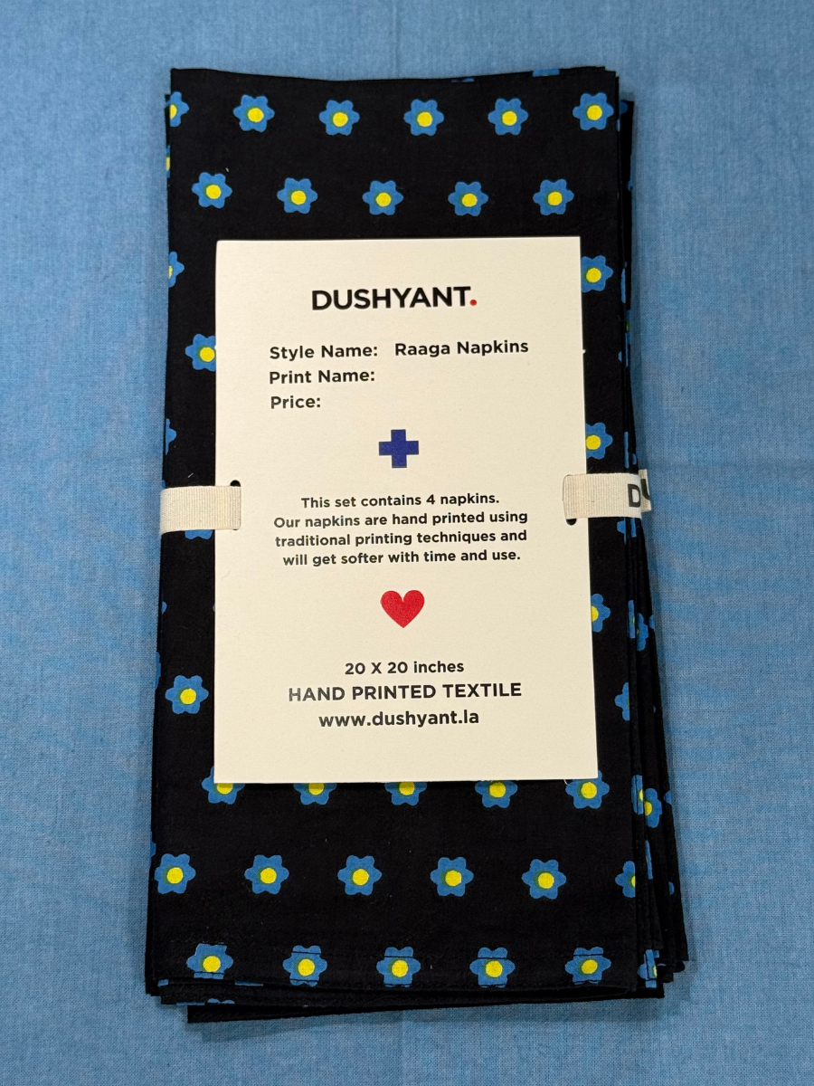 Raaga Napkins - Black and Blue Flower - Hand Printed - Set of 4