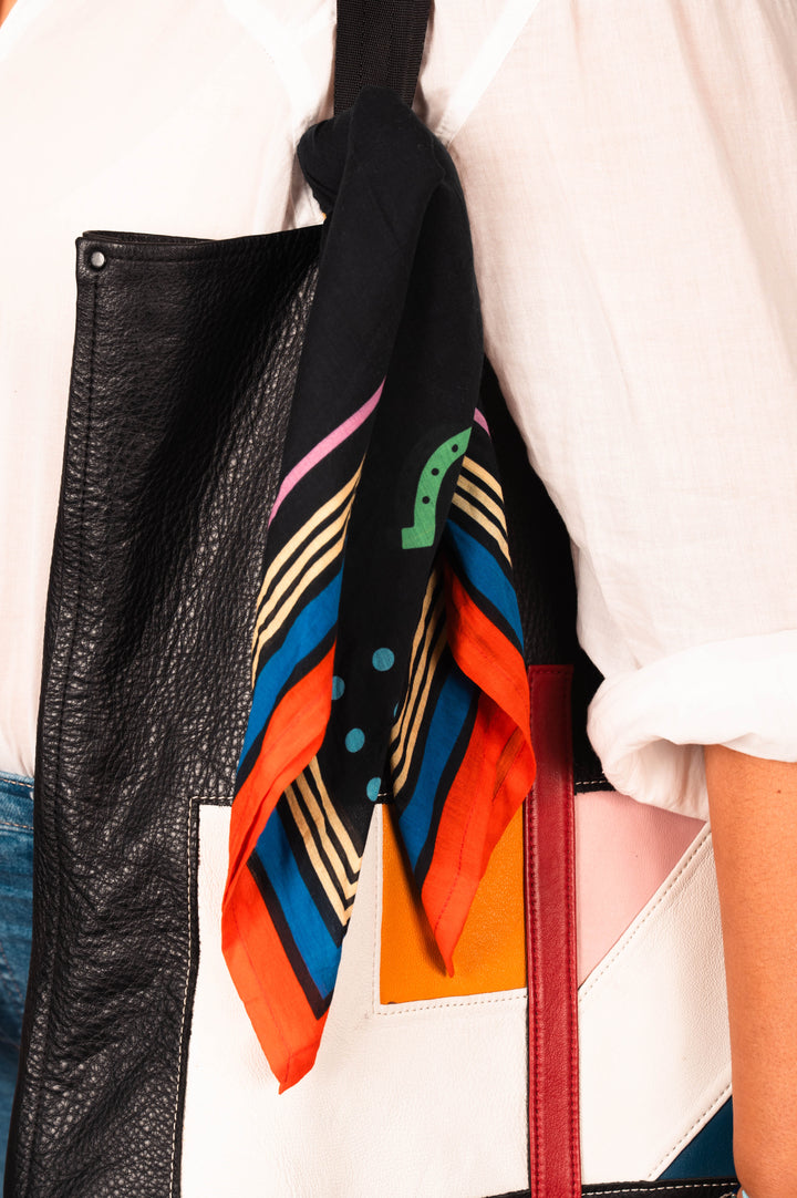 Archie Bandana No. 32 - Red, Yellow, Blue and Green Dots and Horseshoe on Black