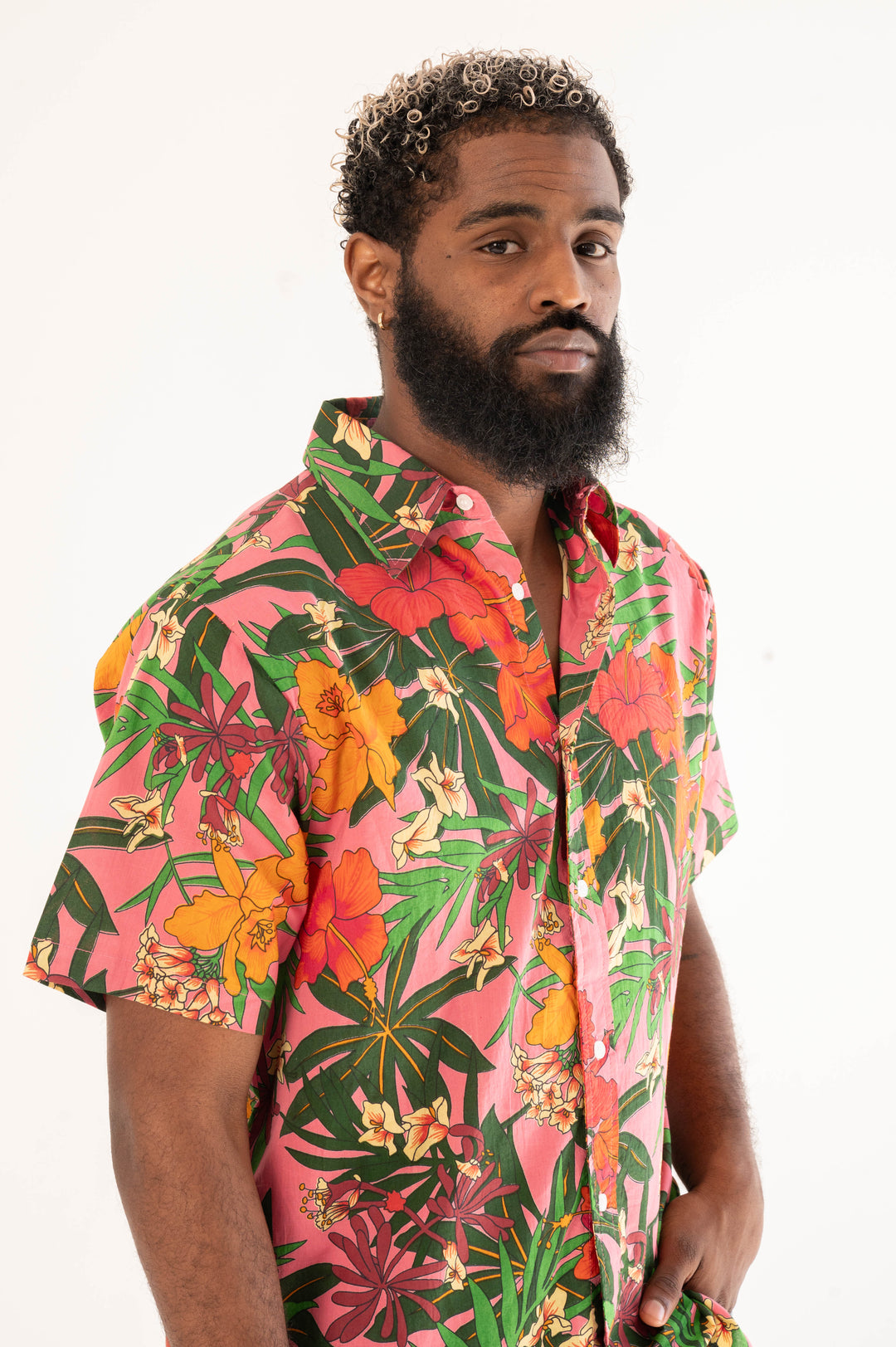 Hand Printed 'The Prat' Short Sleeve Shirt in Pink Floral print