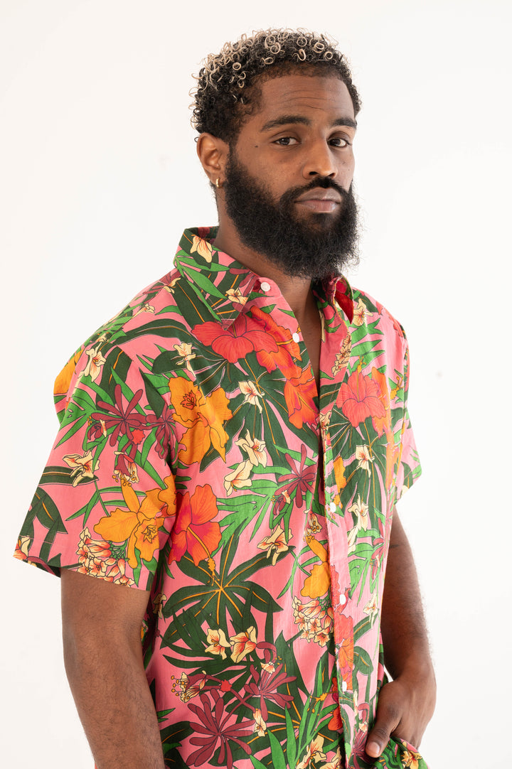 Hand Printed 'The Prat' Short Sleeve Shirt in Pink Floral print