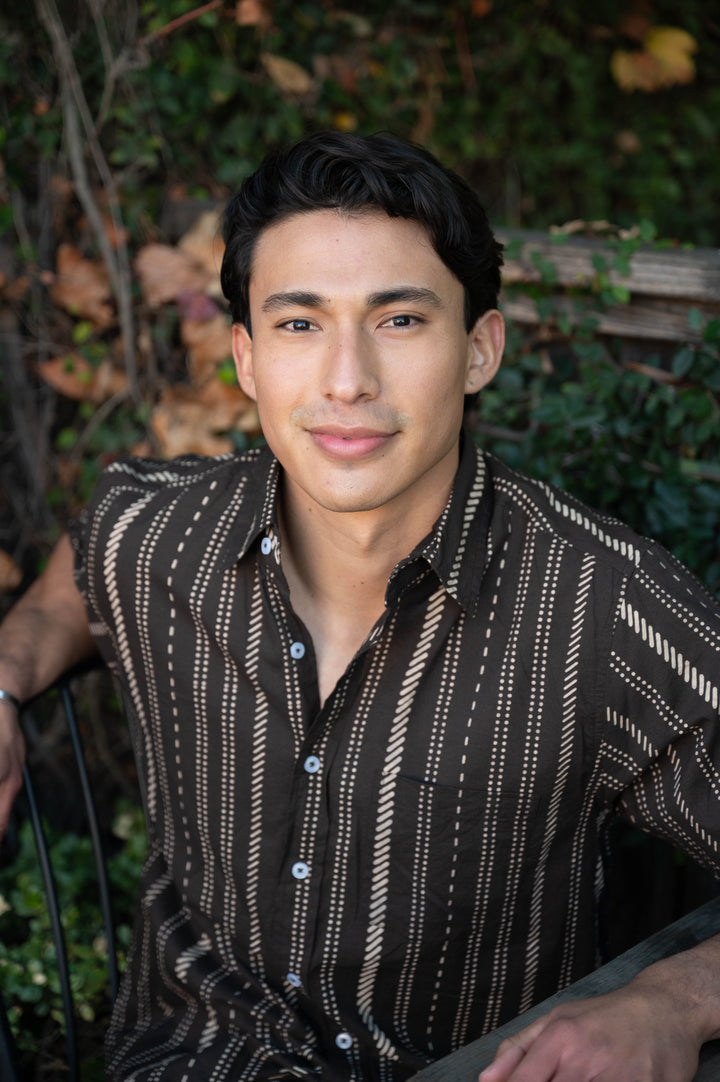 Hand Printed 'The Folk' Short Sleeve Shirt in Chocolate Stripes