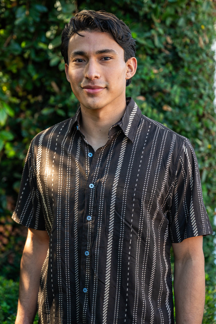 Hand Printed 'The Folk' Short Sleeve Shirt in Chocolate Stripes