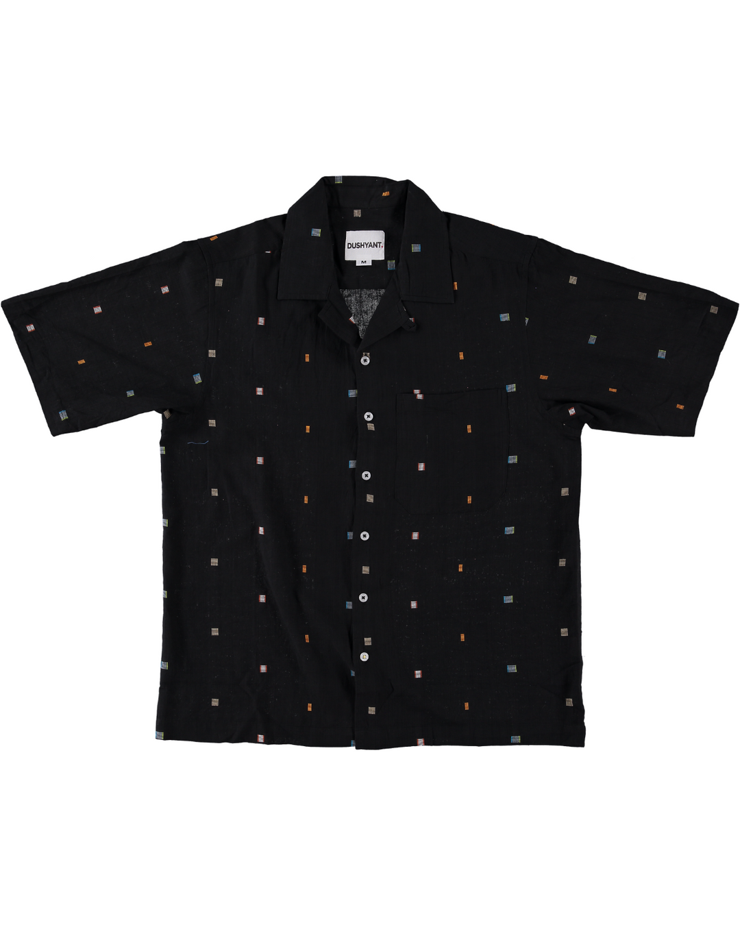 'The Don' Camp Shirt in Black with Yellow Jamdani Embroidery