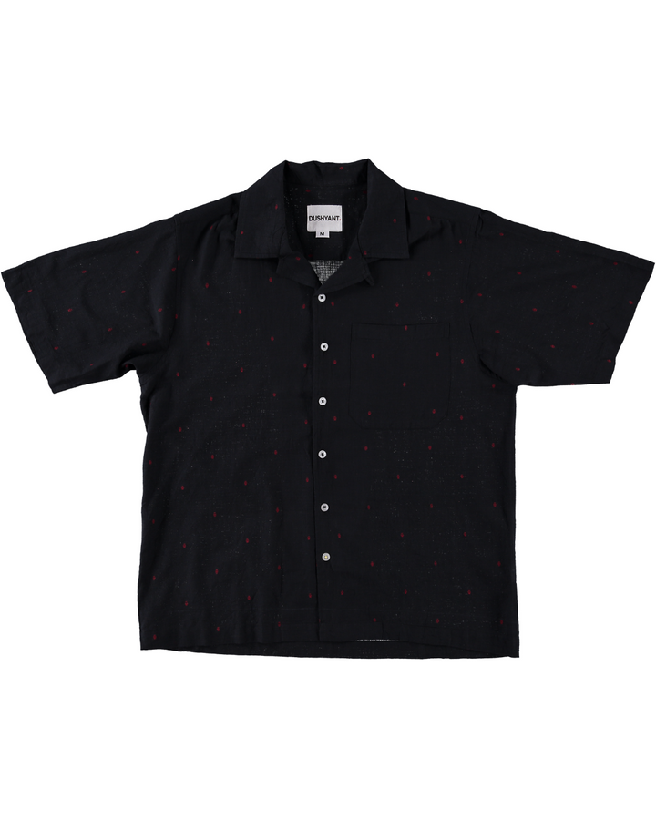 'The Don' Camp Shirt in Black and Red Jamdani Embroidery