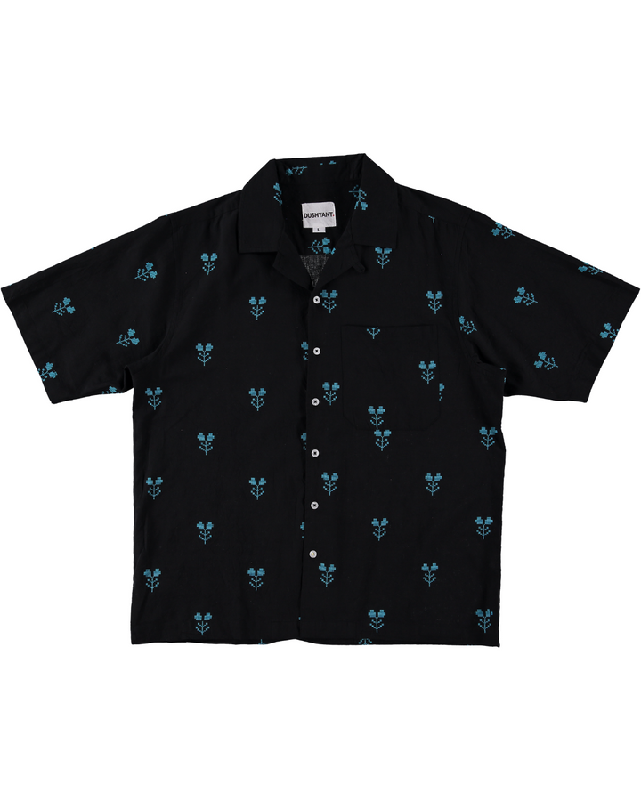 'The Don' Camp Shirt in Black and Turquoise Jamdani Embroidery