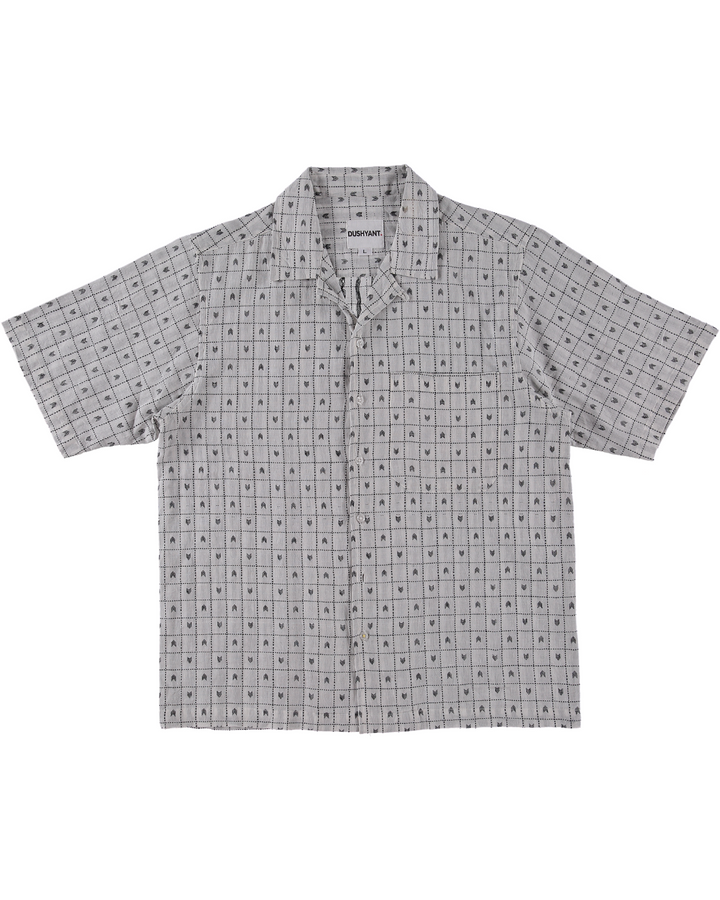 'The Don' Camp Shirt in White with Black Jamdani Embroidery