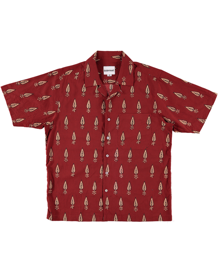 Hand Block Printed 'The Don' Camp Collar Shirt in Maroon Motif