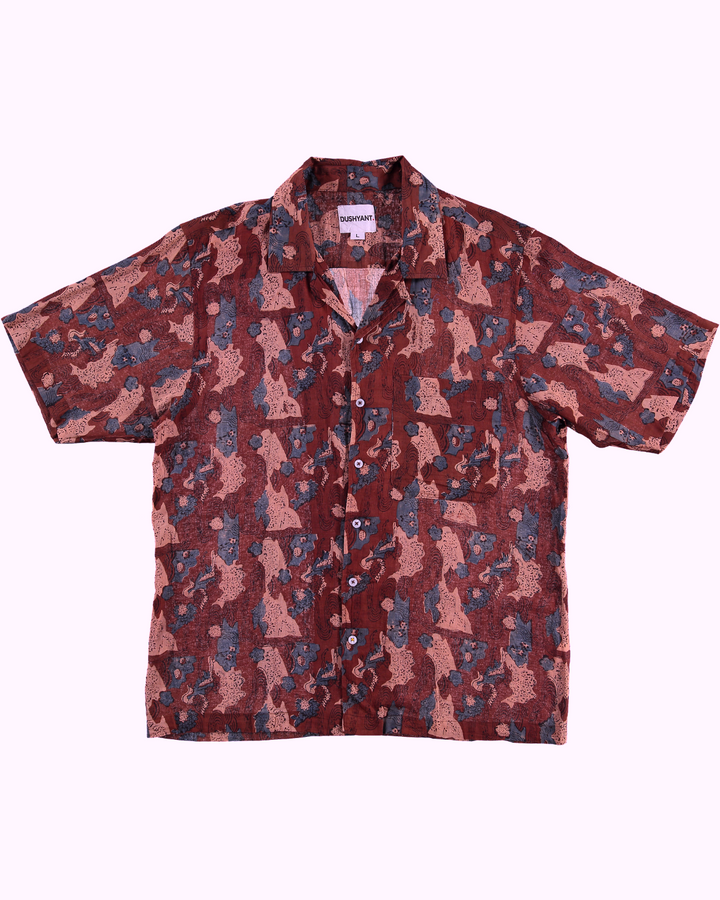 Hand Block Printed 'The Don' Camp Collar Shirt in Maroon Abstract Print