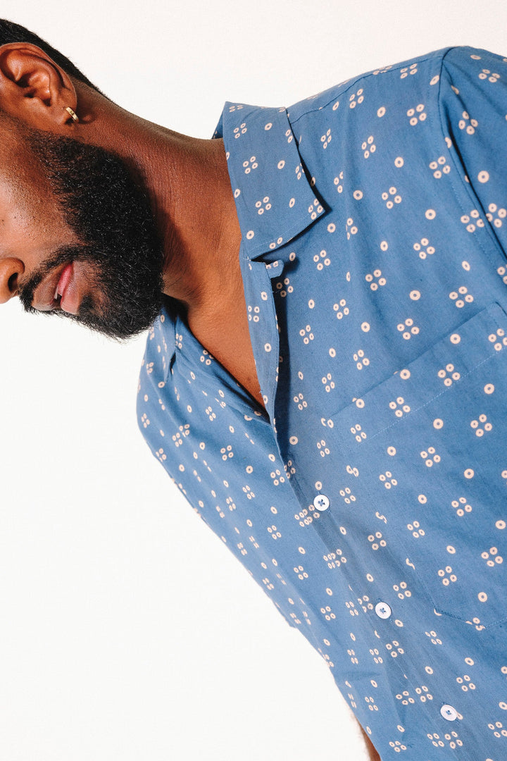 Hand Printed 'The Don' Camp Collar Shirt in Blue Dots Print