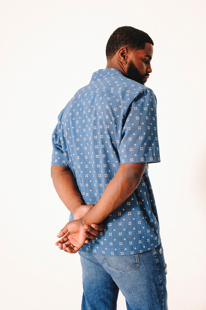 Hand Printed 'The Don' Camp Collar Shirt in Blue Dots Print