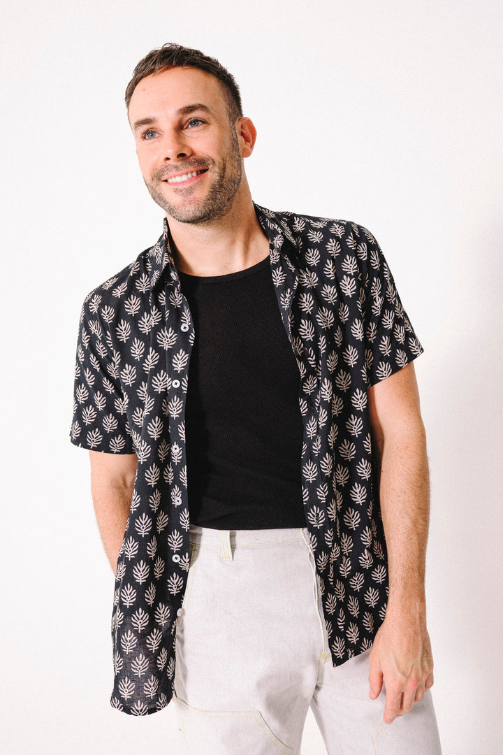 Hand Block Printed 'The Sheril' Short Sleeve Shirt in Black and White Leaf